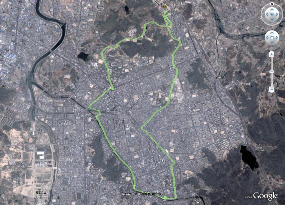 Google Earth 위에 띄운 오늘 달린 길