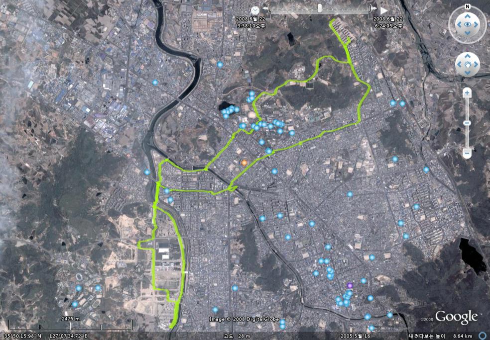 Google Earth 지도상에 보이는 오늘 다닌 길들, SONY GPS-CS1 이용